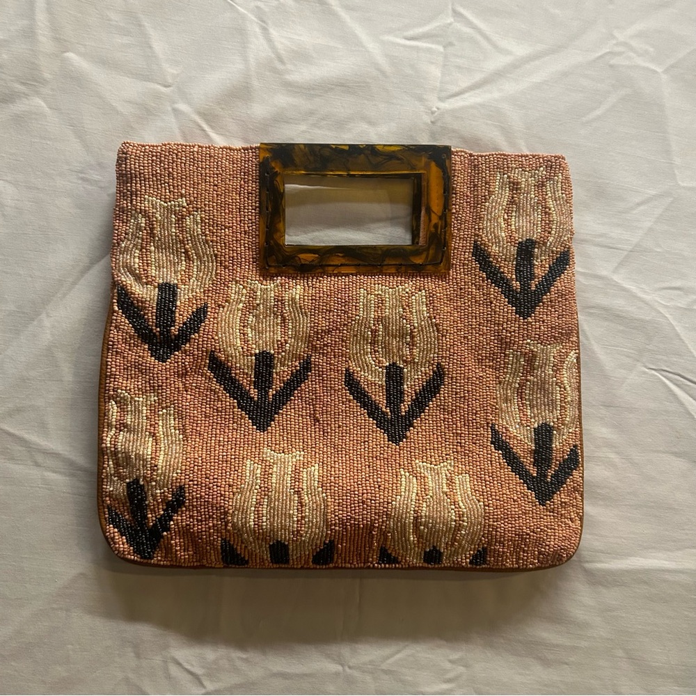 NWOT Anthropologie Coral / Pink Beaded Clutch/ Mini HandBag With Tortoise Handle